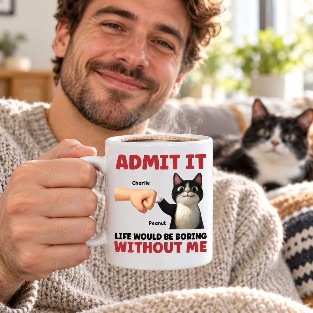 Cat dad holding personalized Admit It Life Would Be Boring Without Me cat mug with hot coffee