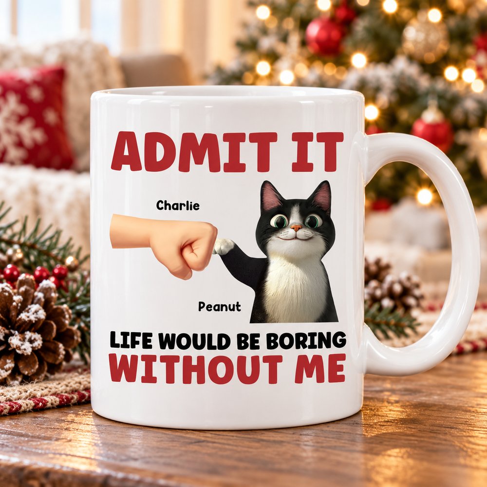 Personalized cat fist bump ceramic mug on table with Christmas tree in background