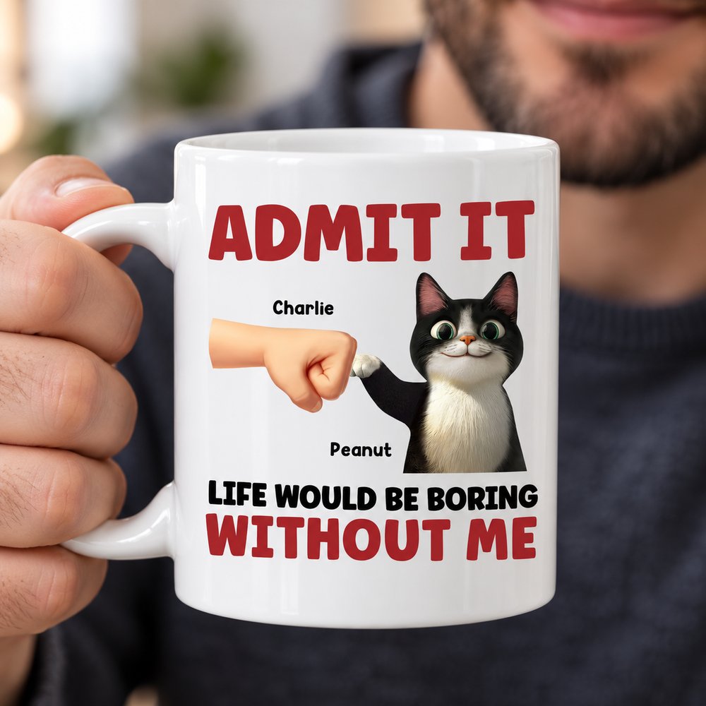 Close up detail of glossy ceramic mug print showing fist bump with cat paw