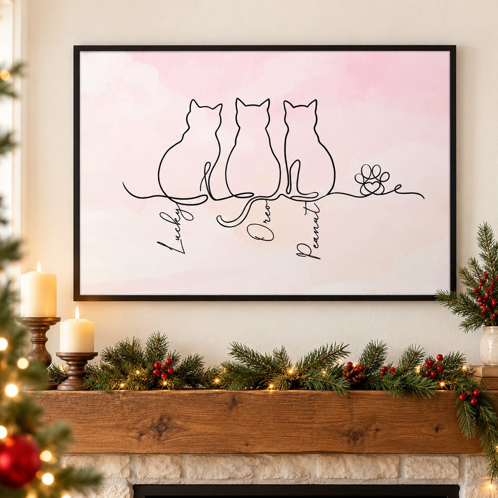 Personalized adorable cat line poster framed above a festive Christmas mantel
