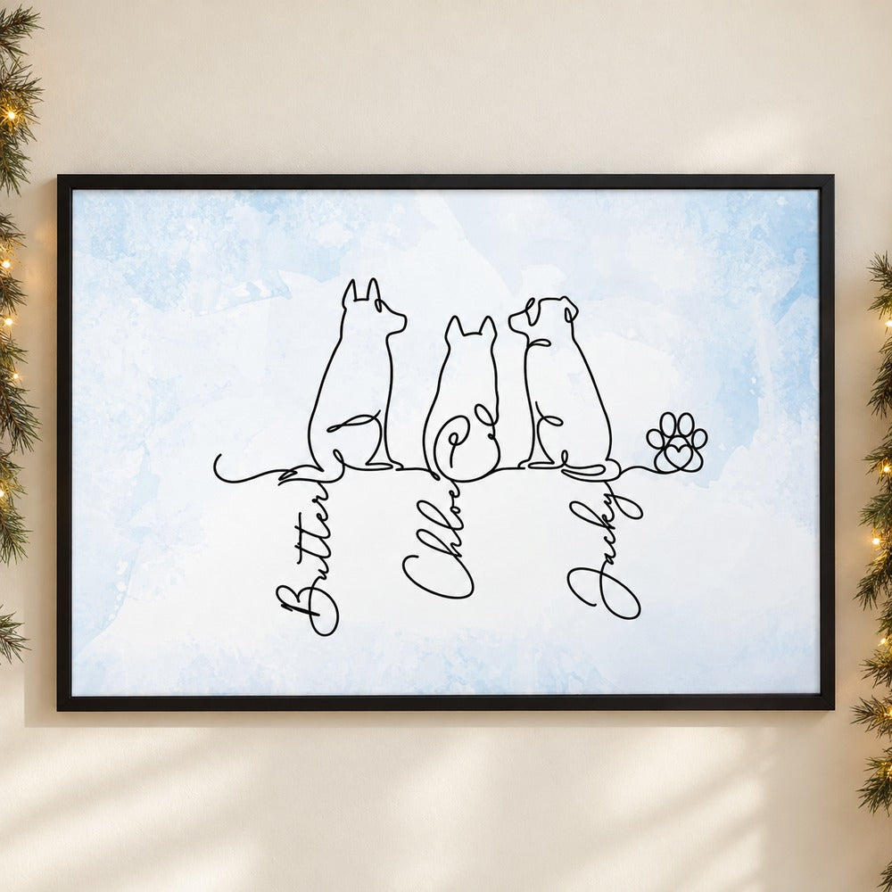 Personalized dog line art poster with names Butter Chloe Jacky on wall with holiday garland
