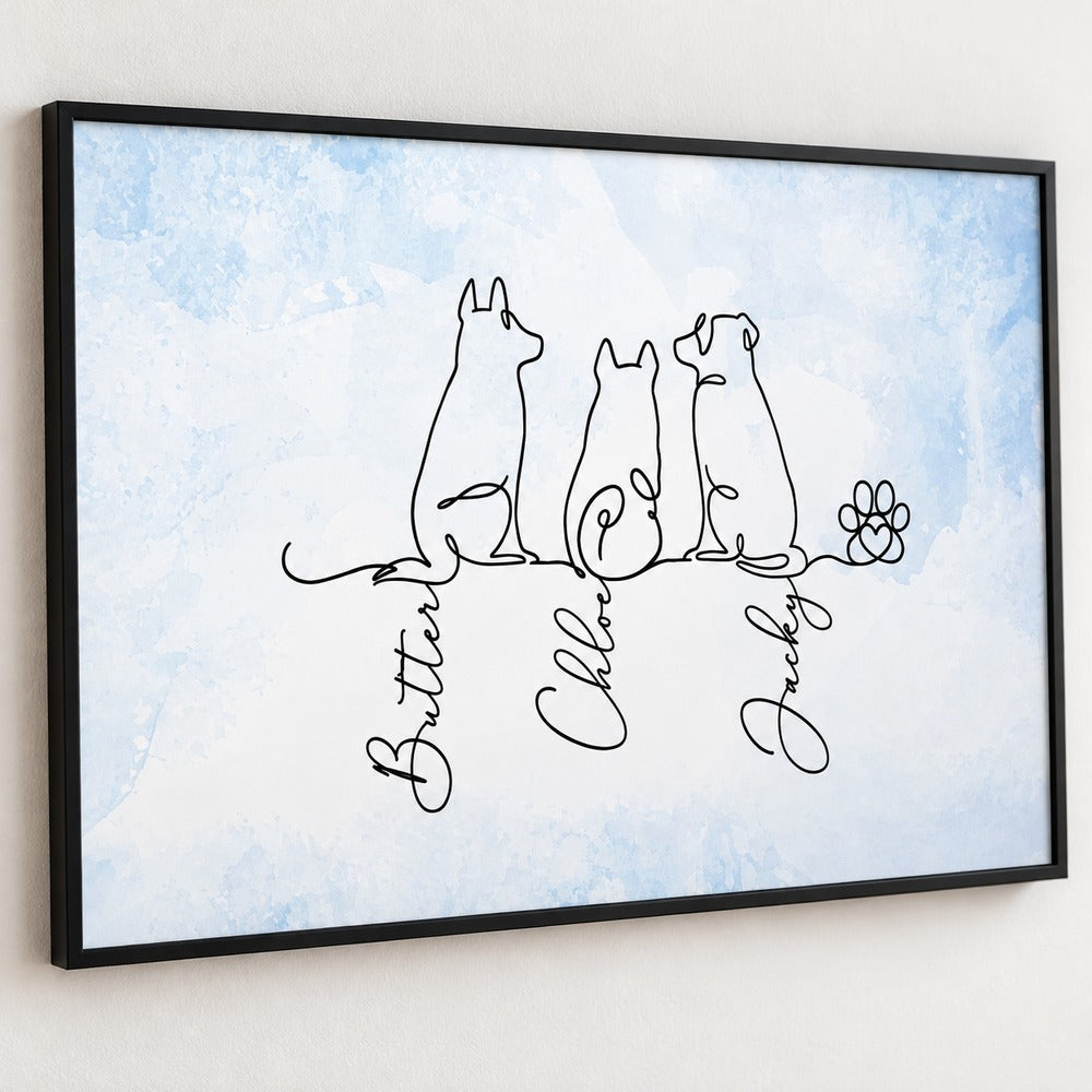 Close up detail of personalized dog line art print showing cursive names and paw icon