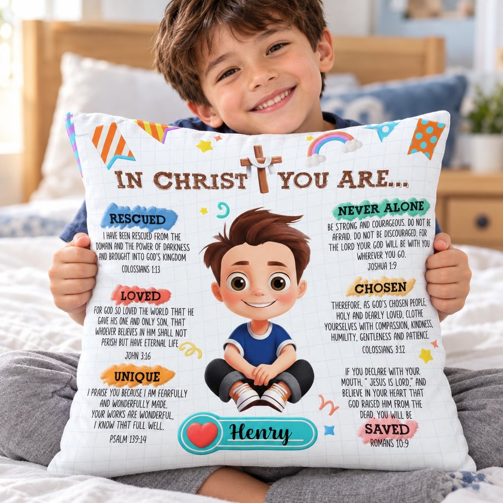 Young boy hugging his custom In Christ You Are Christian affirmation throw pillow