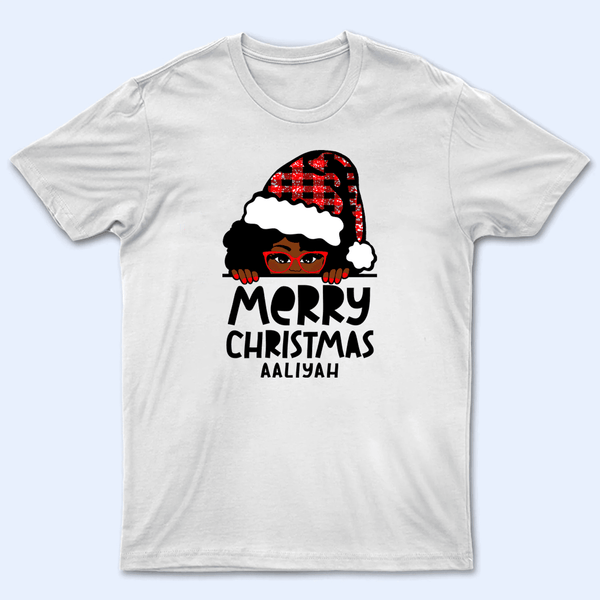 Afro Haired Girl with Glasses Merry Christmas - Personalized Tshirts Design - Christmas Holiday Gift For African American, King, Queen, Girl, Men, Women