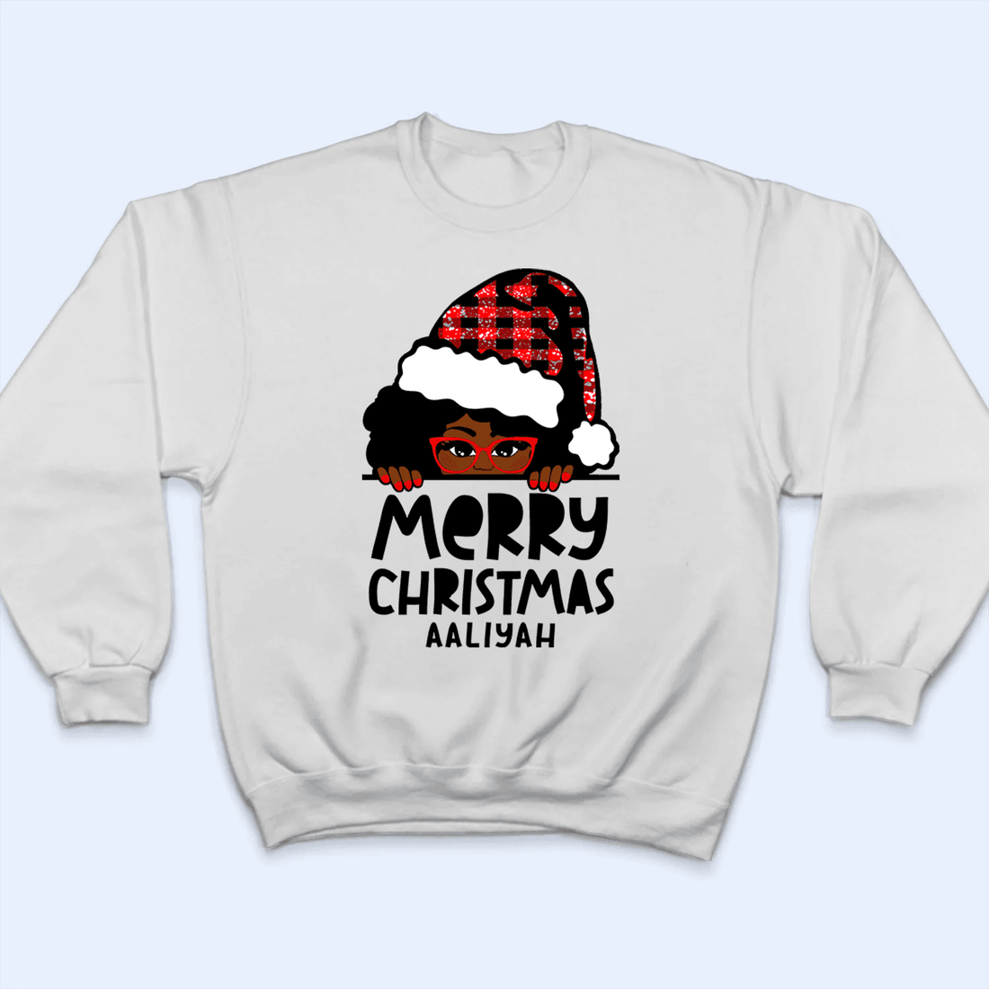 Personalized Afro Haired Girl with Glasses Merry Christmas t-shirt, alternate view 2