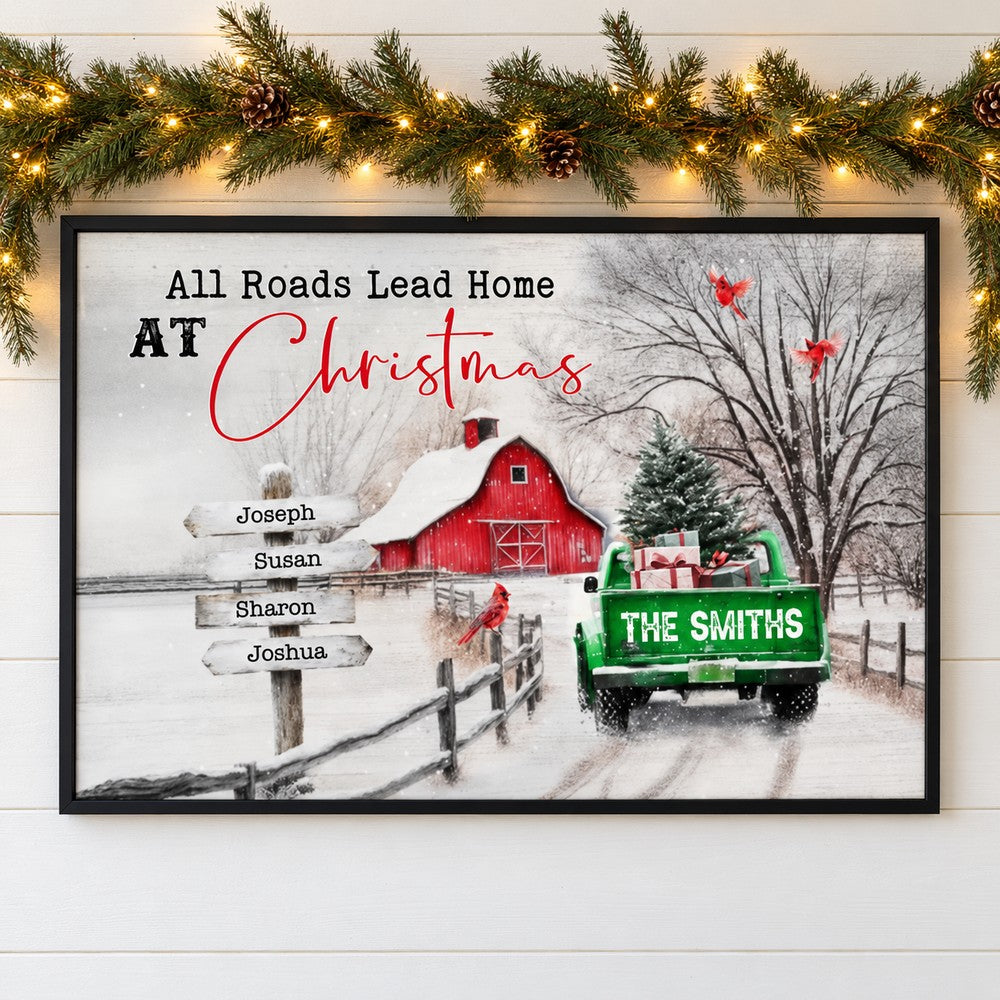 All Roads Lead Home At Christmas personalized framed print on festive wall with pine garland