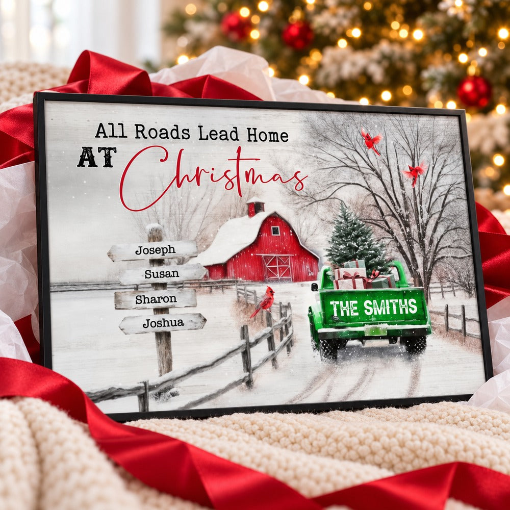 Personalized Christmas family signpost and green truck framed print presented as holiday gift