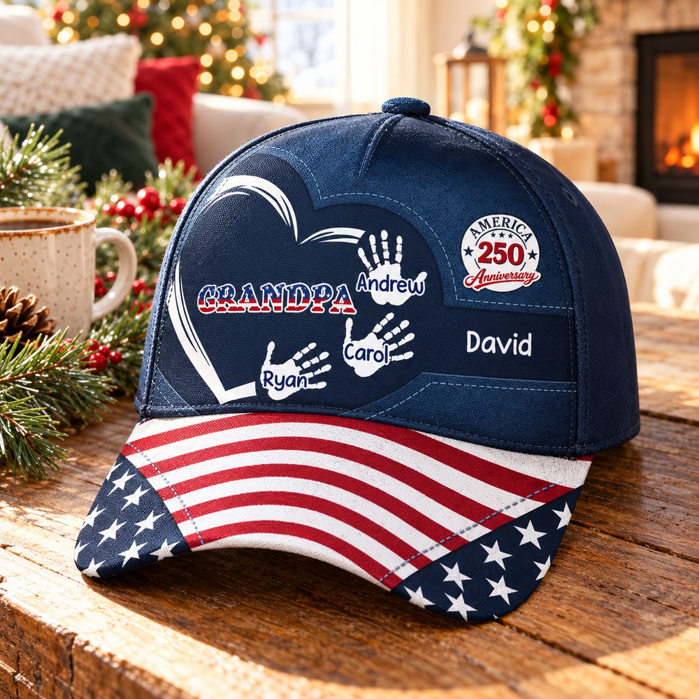 Personalized America 250th Anniversary Grandpa cap on wooden table with Christmas pine decor