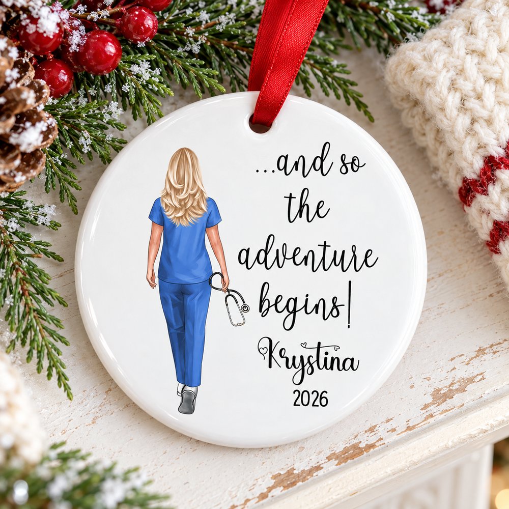 Nurse adventure begins ceramic ornament lying flat on a festive holiday mantel