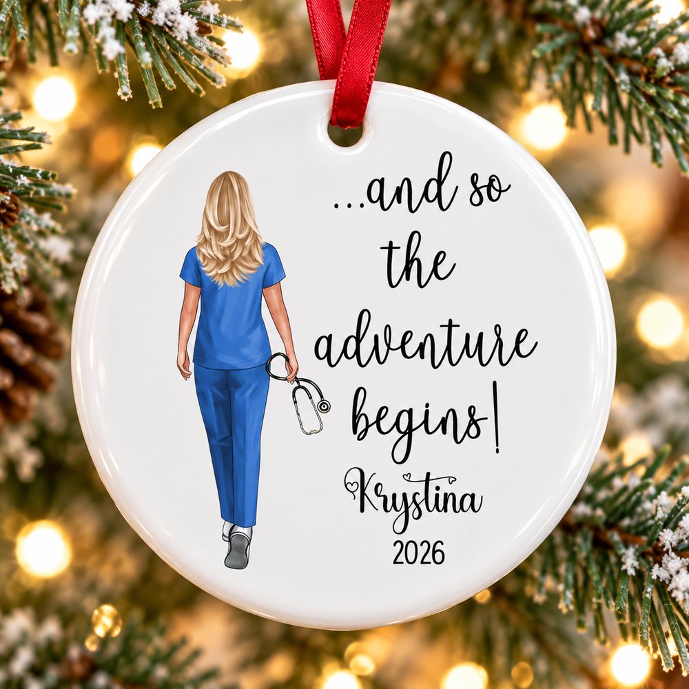 Close-up detail of glossy ceramic nurse ornament print and smooth beveled edge