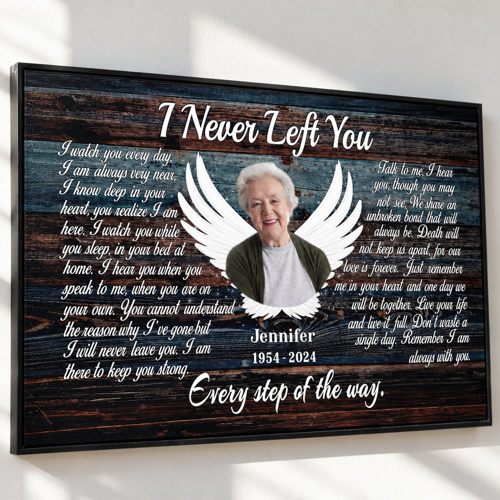Close up detail of personalized I Never Left You memorial canvas texture and angel wings print
