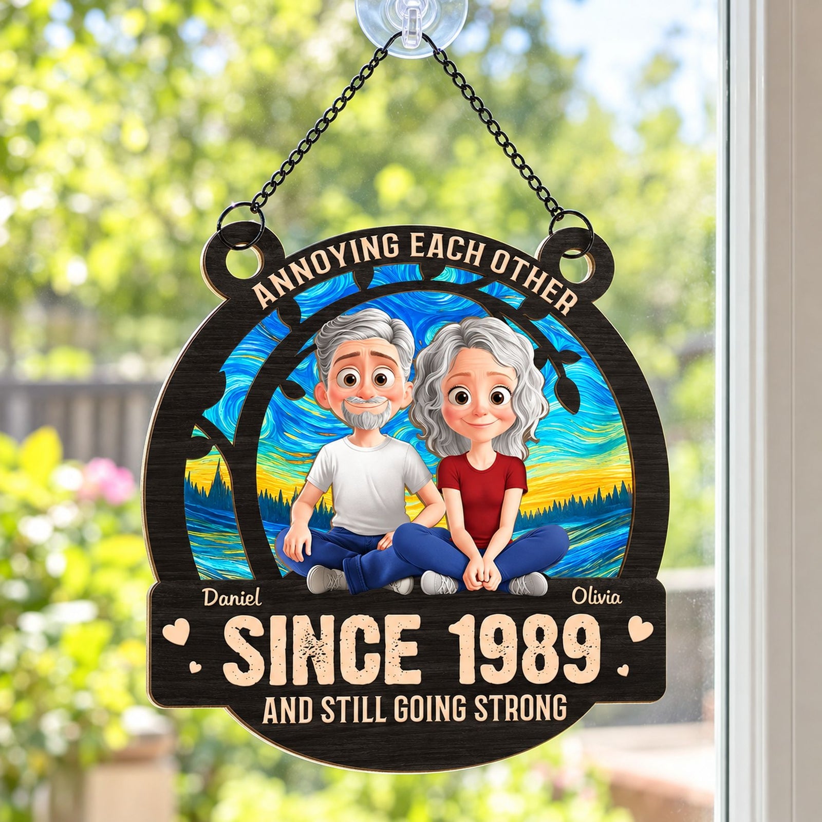 Annoying Each Other Since 1989 couple window hanging suncatcher catching sunlight on glass door