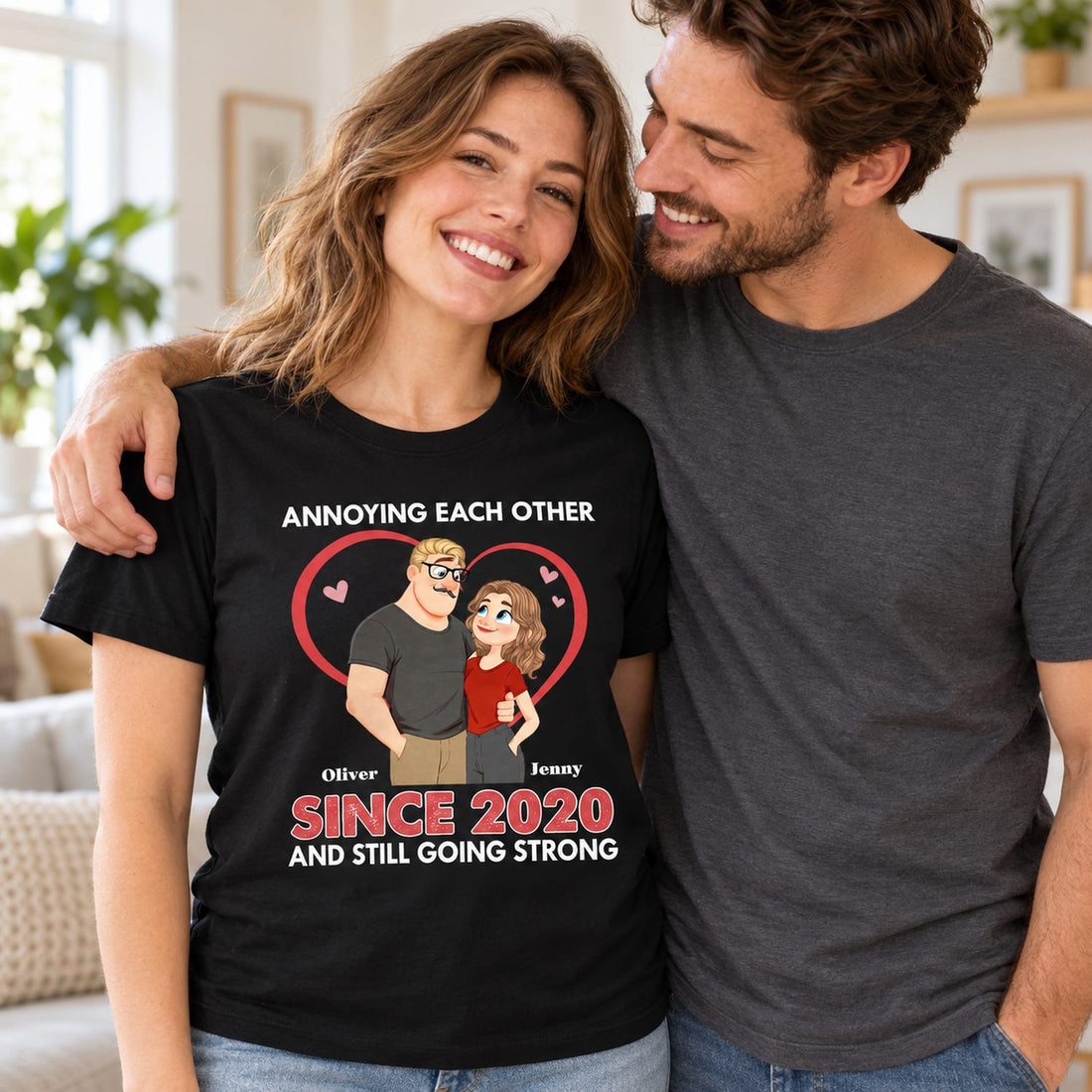 Woman wearing personalized Annoying Each Other Since 2020 couple t-shirt with her partner