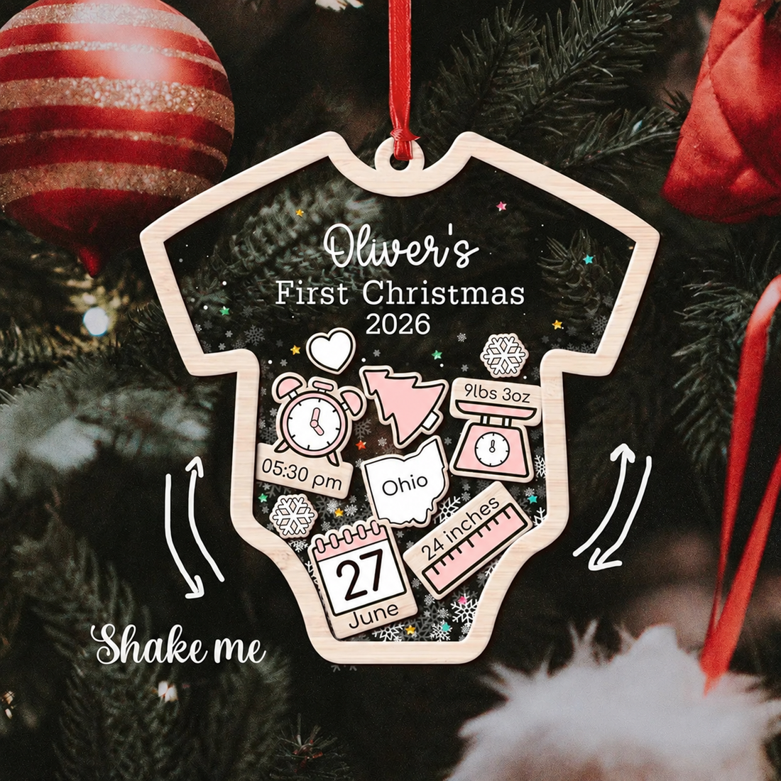 Custom Baby's First Christmas 2026 - Personalized Shaker Ornament - Customized Baby Name, New 1st Baby Gift, Baby Keepsake, 4D Shake Babies Ornament