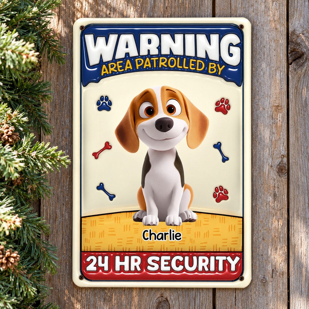 Personalized Area Patrolled By Dogs metal sign with beagle Charlie mounted on a wooden porch wall