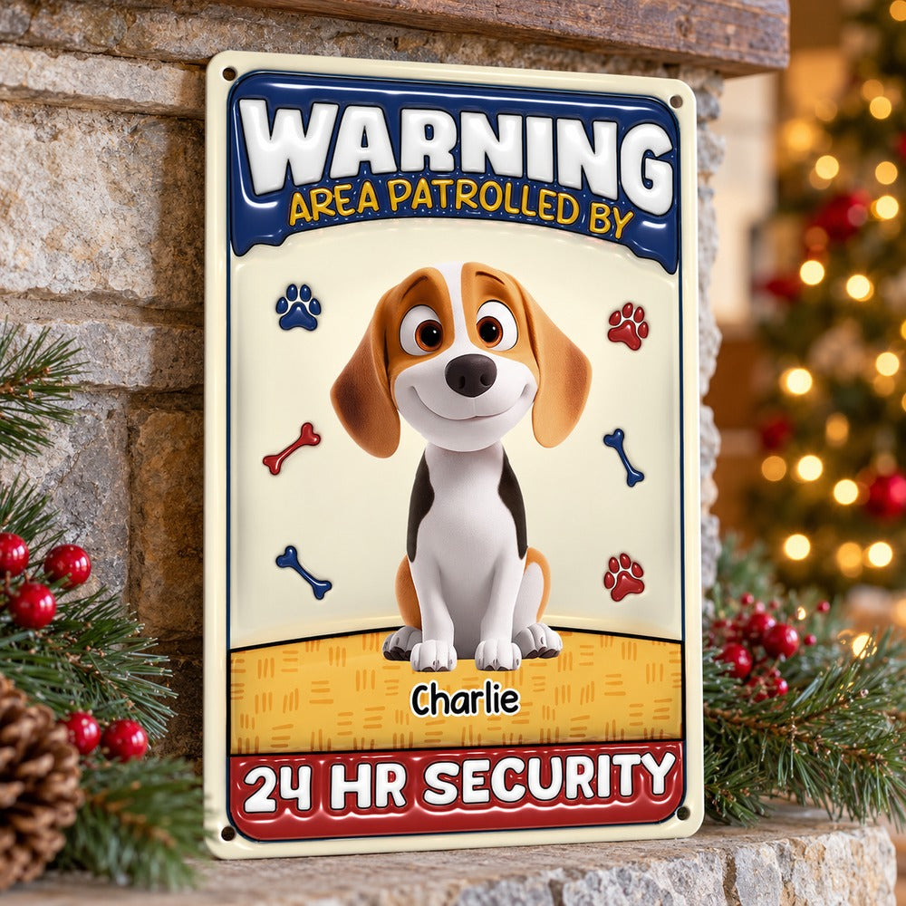 Area Patrolled By Dogs personalized metal sign displayed on a holiday mantel with pine greenery