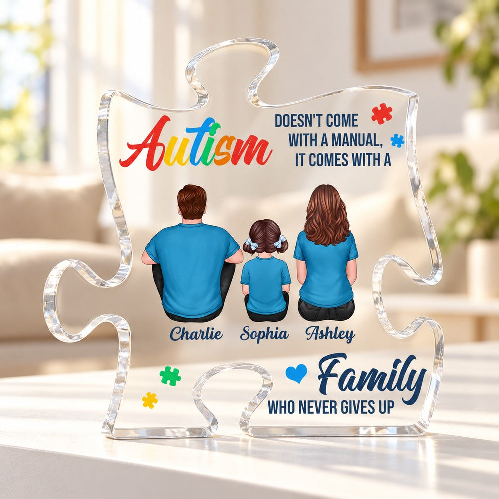 Personalized autism awareness acrylic plaque displayed upright on a sunlit living room shelf