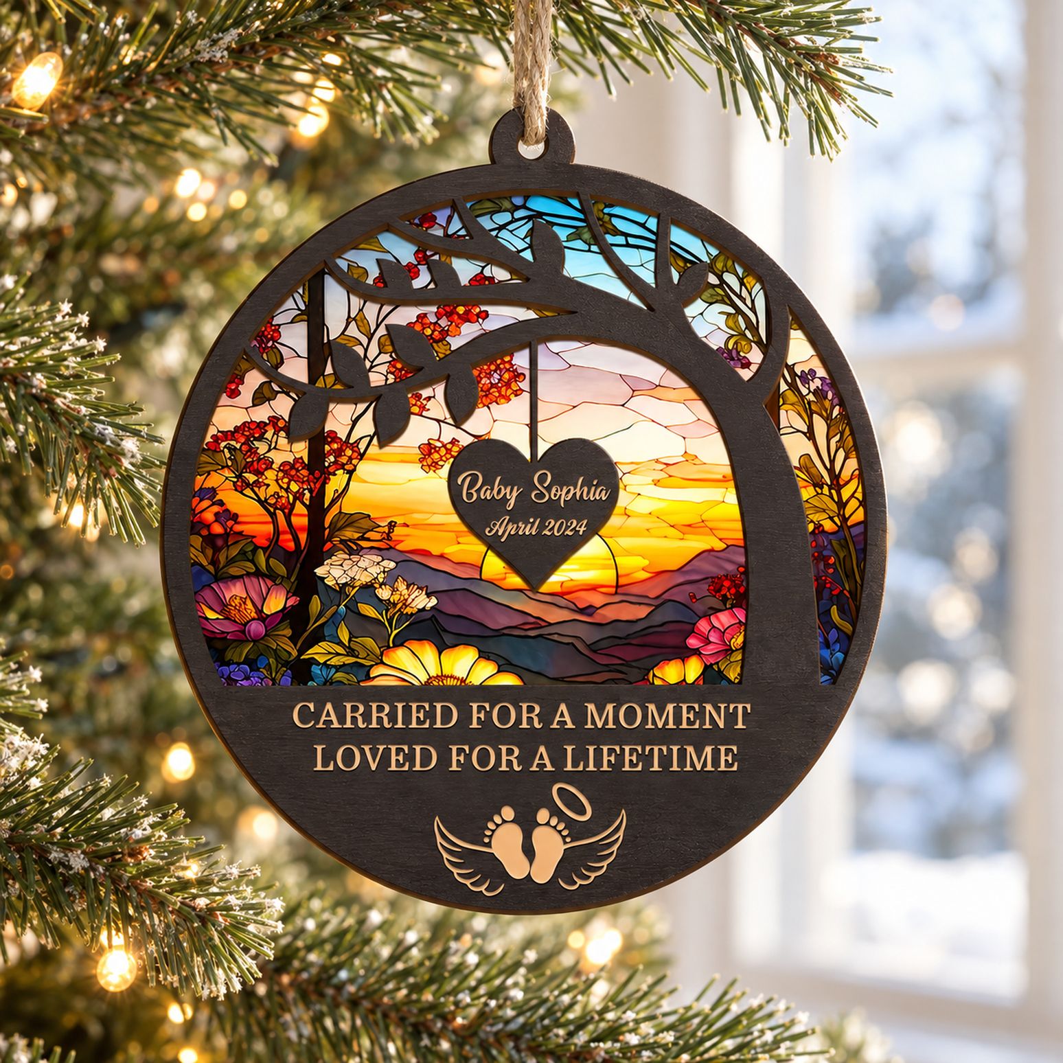 Personalized baby memorial suncatcher ornament hanging on a Christmas tree near a bright window