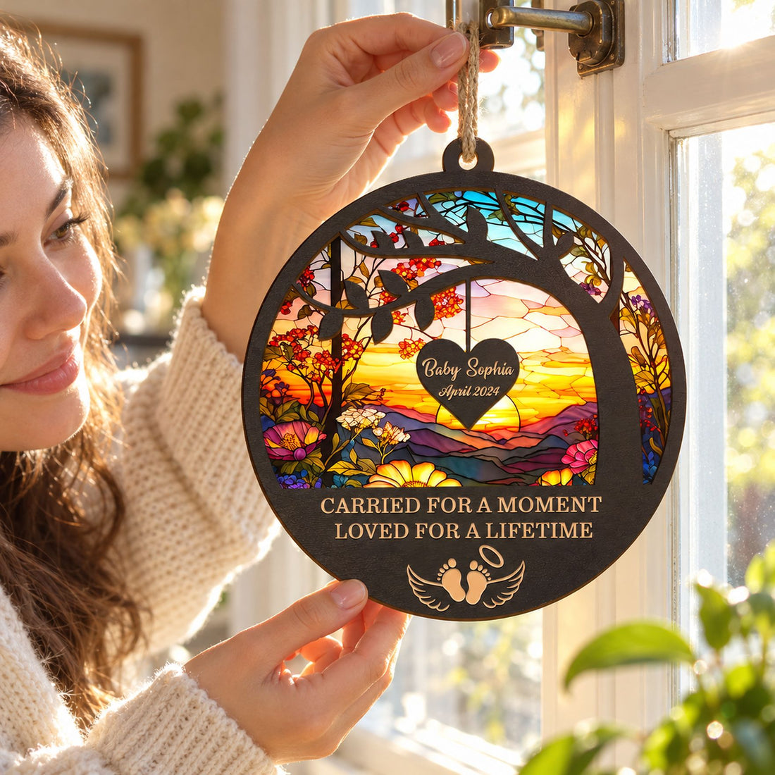 Mother hanging the personalized infant loss memorial suncatcher in a sunny living room window