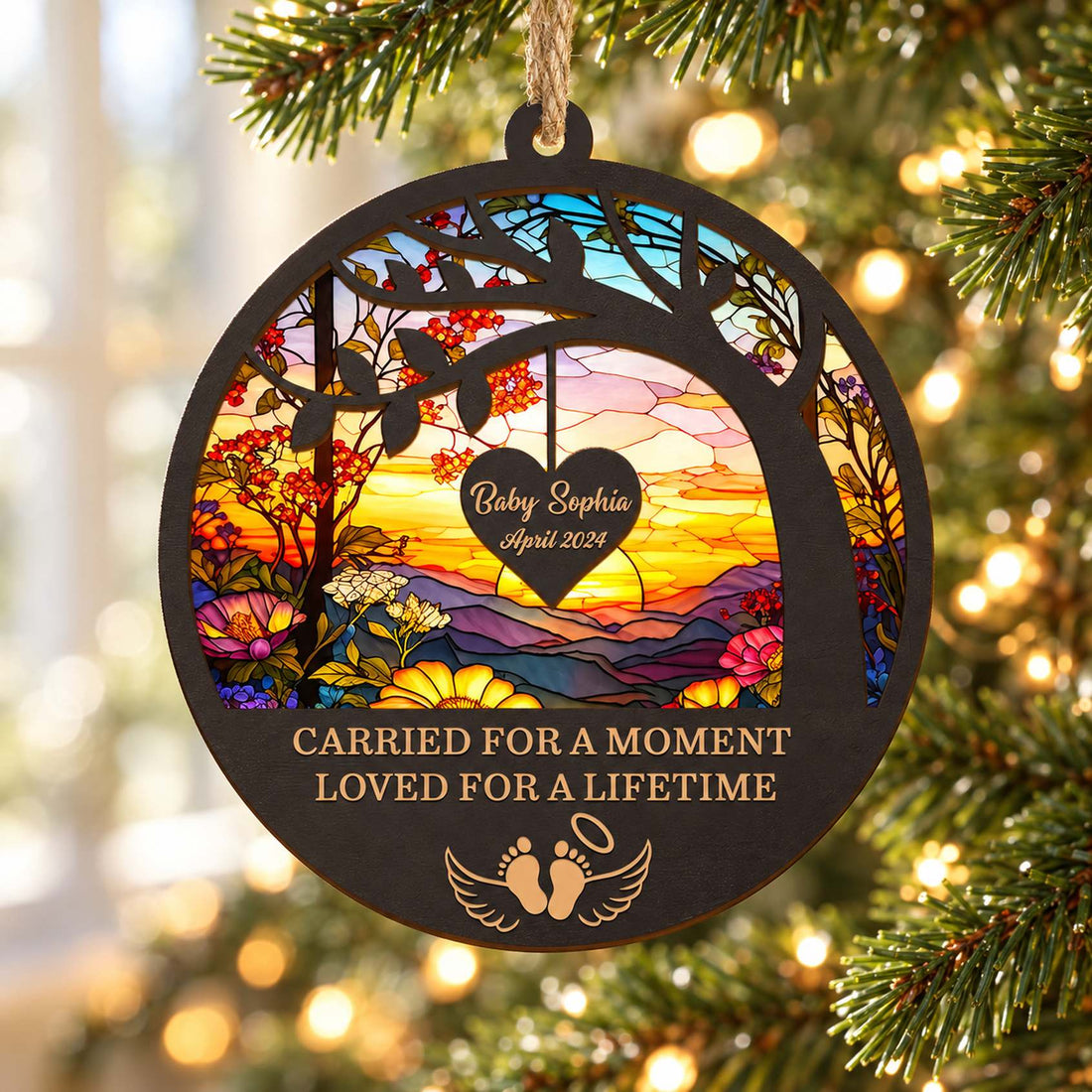 Personalized baby memorial suncatcher ornament hanging on a Christmas tree branch in morning light
