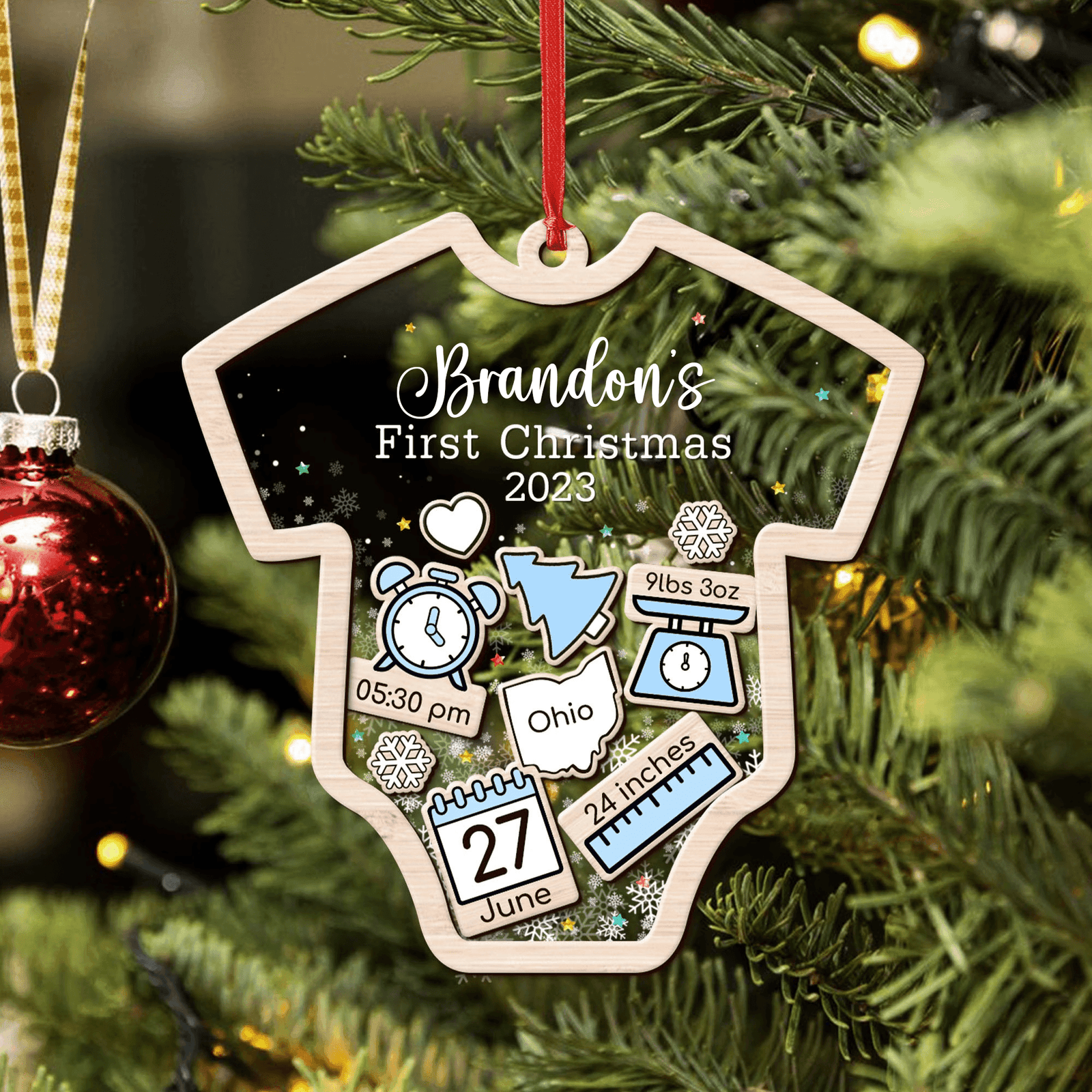 Baby's First Christmas Ornament 2023 - Personalized Custom Shaker Ornament - Babies 1st Christmas Ornament, Customized Baby Name, New Baby Gift, Baby Keepsake, 4D Shake Babies Ornament - Suzitee Store