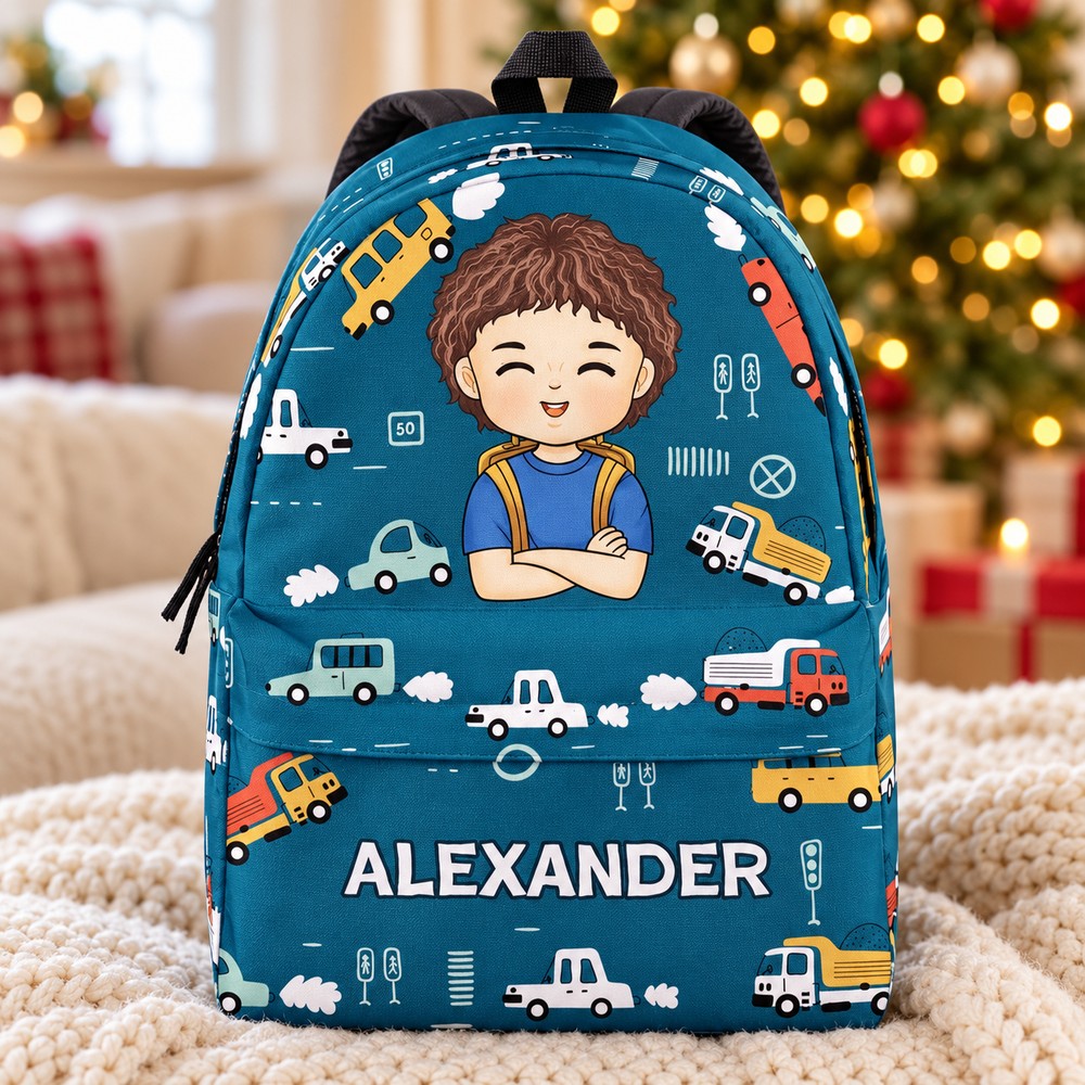 Personalized Alexander kid backpack with cars pattern in a cozy holiday living room