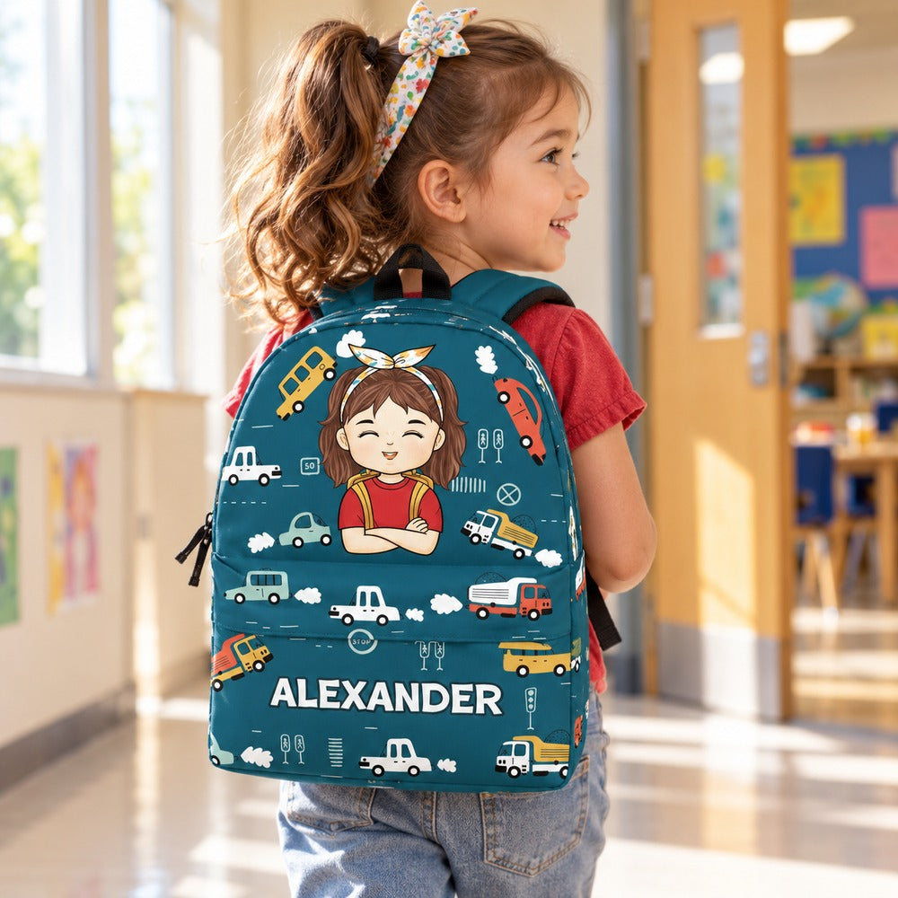 Preschool girl wearing personalized Alexander cars and trucks kid backpack on first day of school