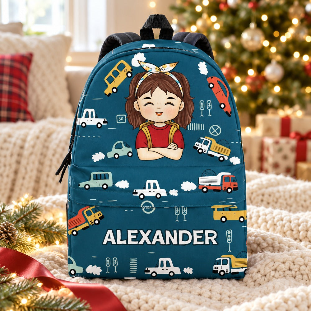 Personalized kid girl backpack with name Alexander set under a Christmas tree for holiday gifting