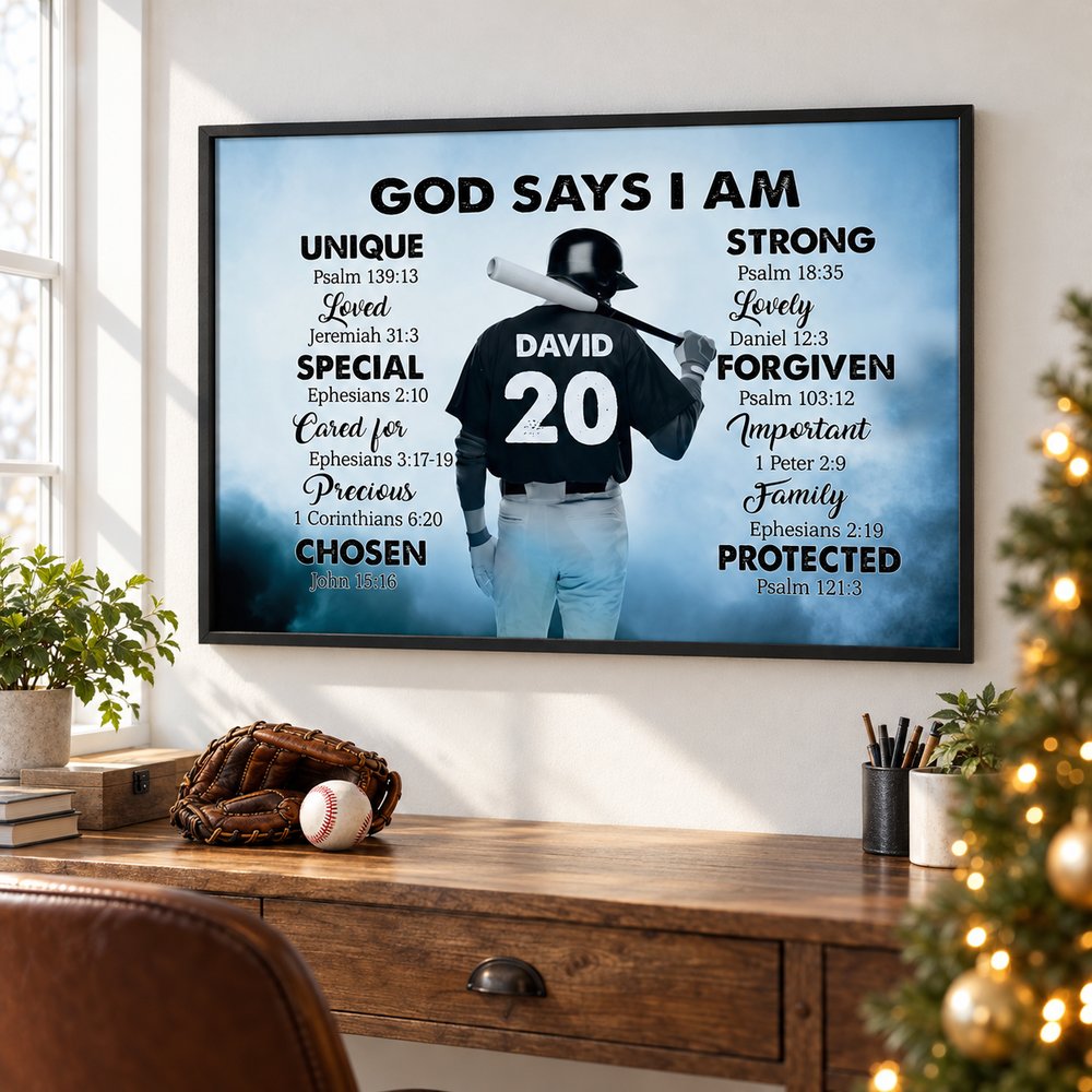 Personalized Baseball God Says I Am framed poster hanging on bedroom wall near Christmas tree