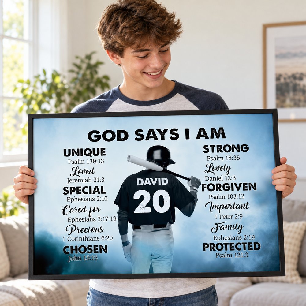 Teenage boy holding personalized Baseball God Says I Am poster print with custom name and number