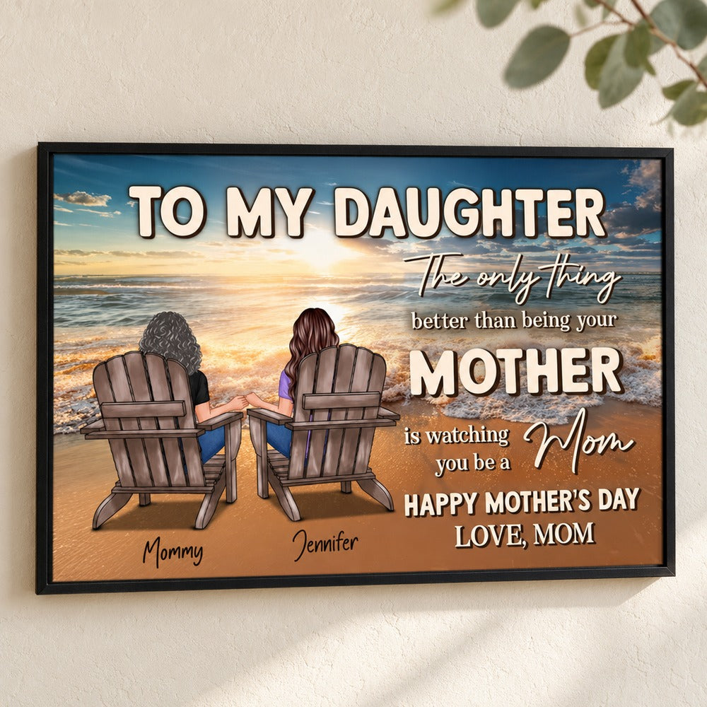 Personalized To My Daughter From Mom beach poster hanging on a bright cream wall with greenery