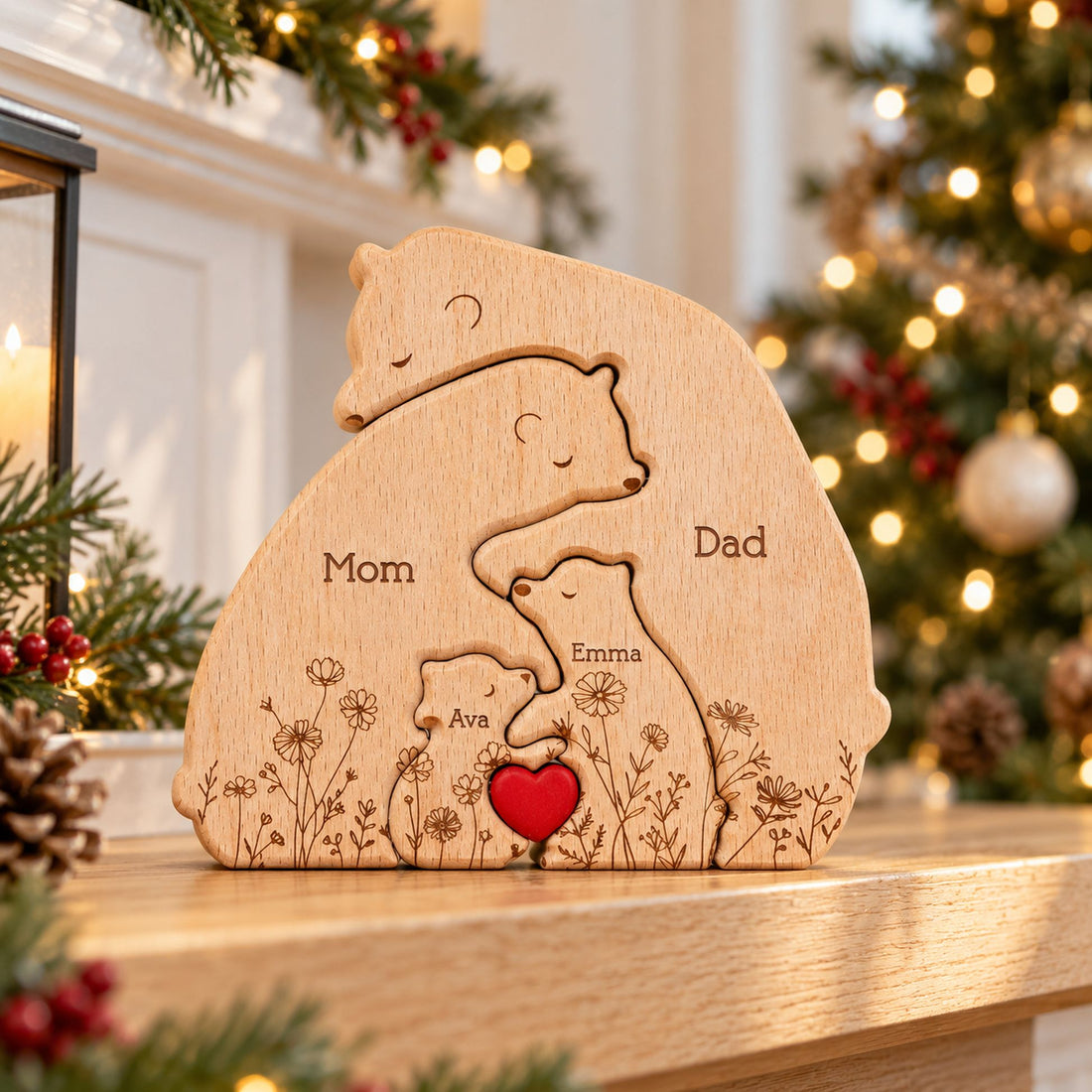 Bear Family Custom Name Floral wooden puzzle standing on a holiday fireplace mantel near a Christmas tree