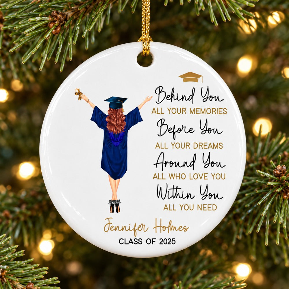 Close up detail of glossy print and bevelled edge on personalized graduation ceramic ornament