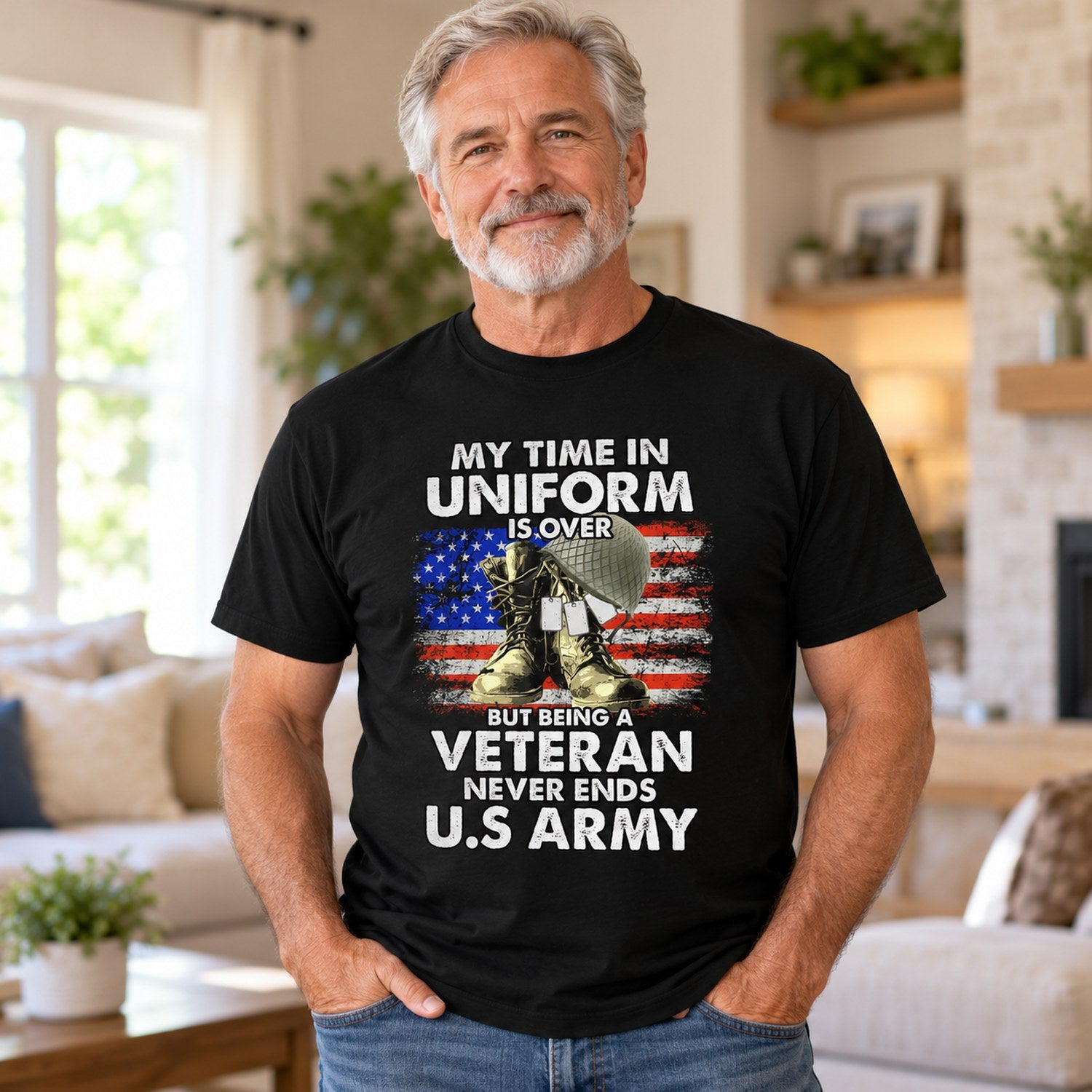Older male veteran wearing the black Being A Veteran Never Ends U.S Army t-shirt at home