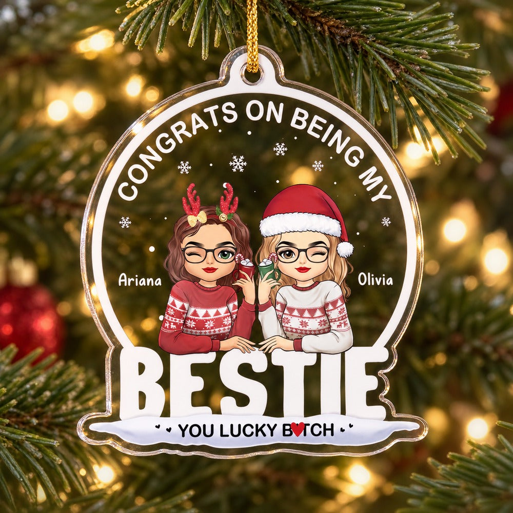 Personalized Bestie custom shaped acrylic ornament hanging on a Christmas tree branch
