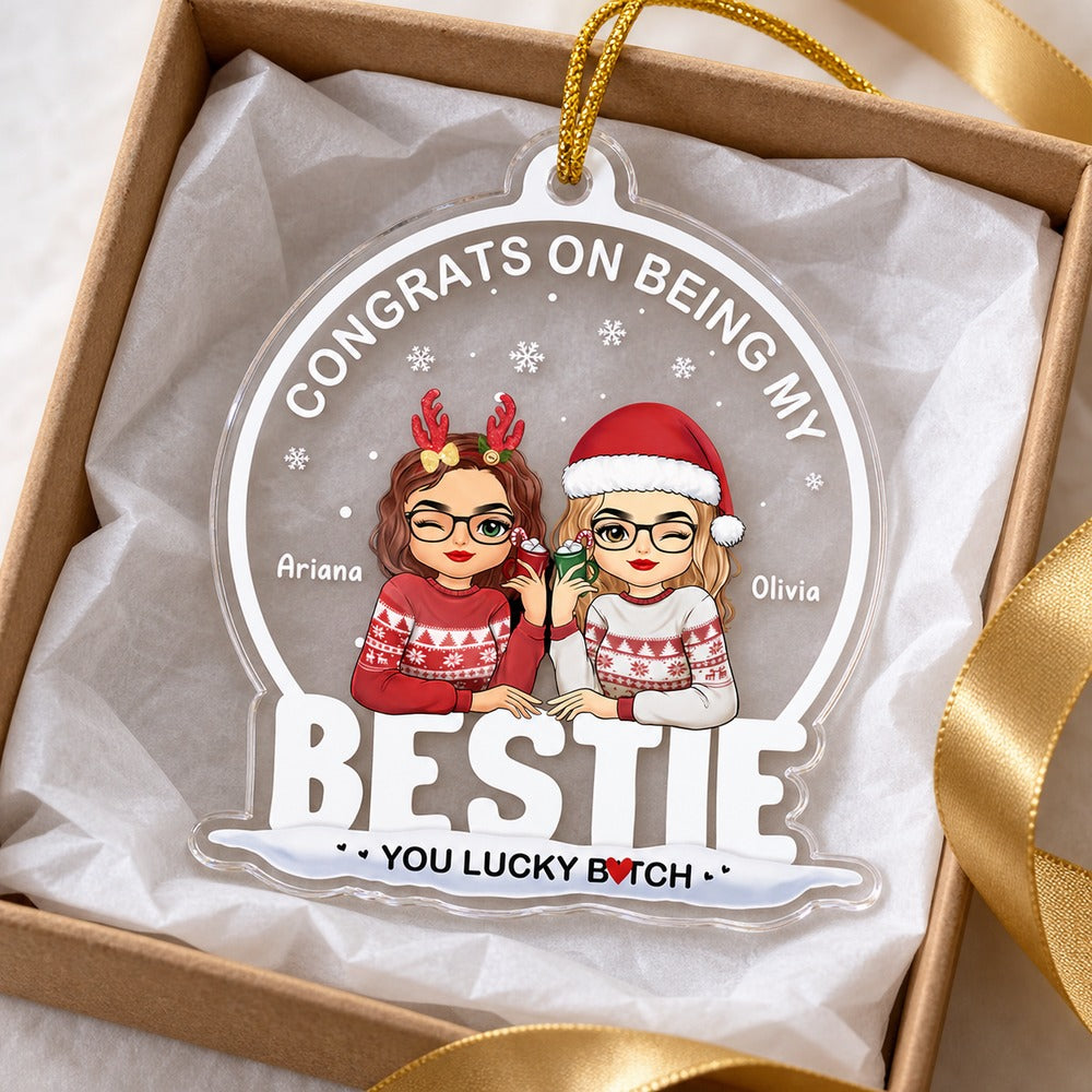Personalized Bestie sister acrylic ornament in a small gift box with tissue paper