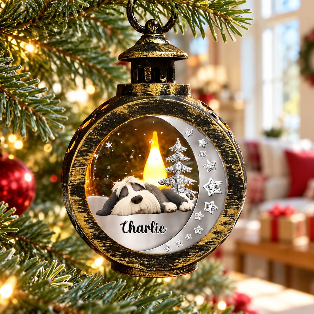 Beside You dog memorial LED lantern hanging on a Christmas tree branch with warm glow