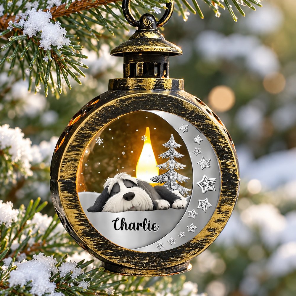Close-up detail of personalized dog memorial Christmas lantern print and brushed bronze finish