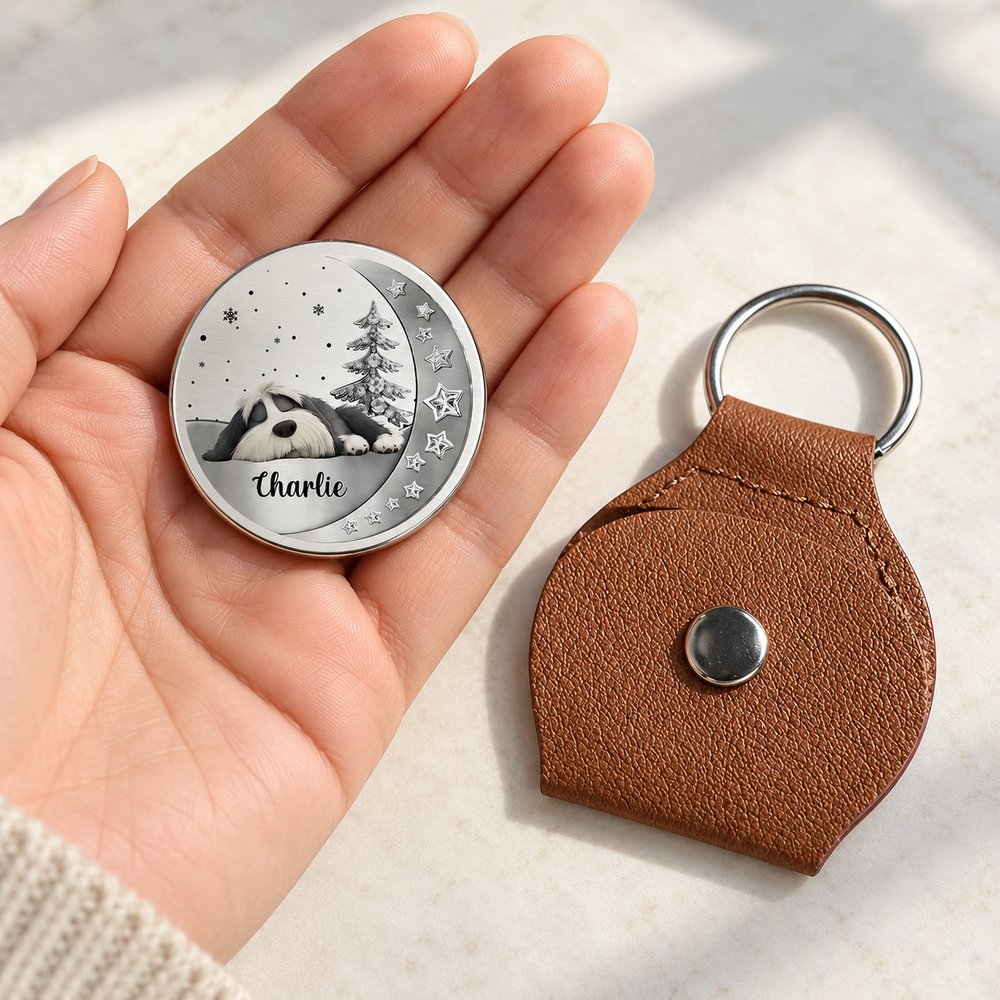 Personalized dog memorial leather pocket hug coin and brown keychain pouch held in hand for size