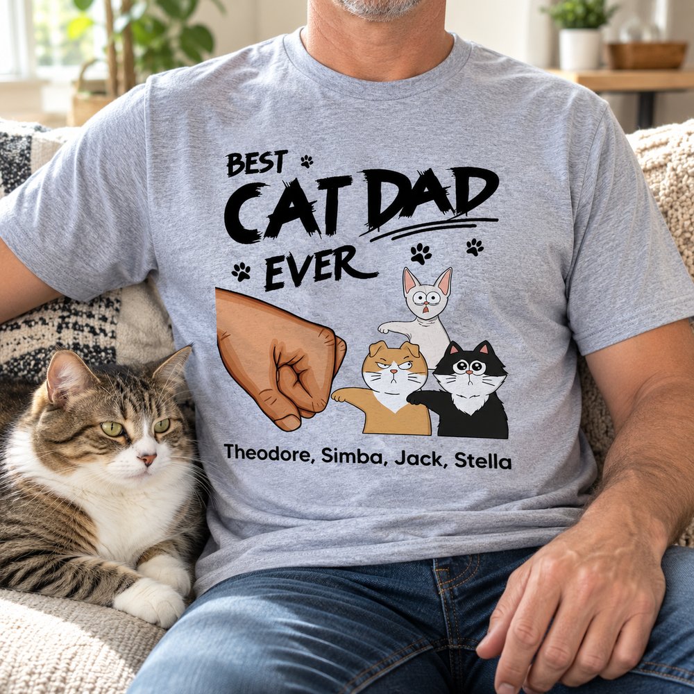 Man wearing personalized Best Cat Dad Ever t-shirt on a sofa with his cat