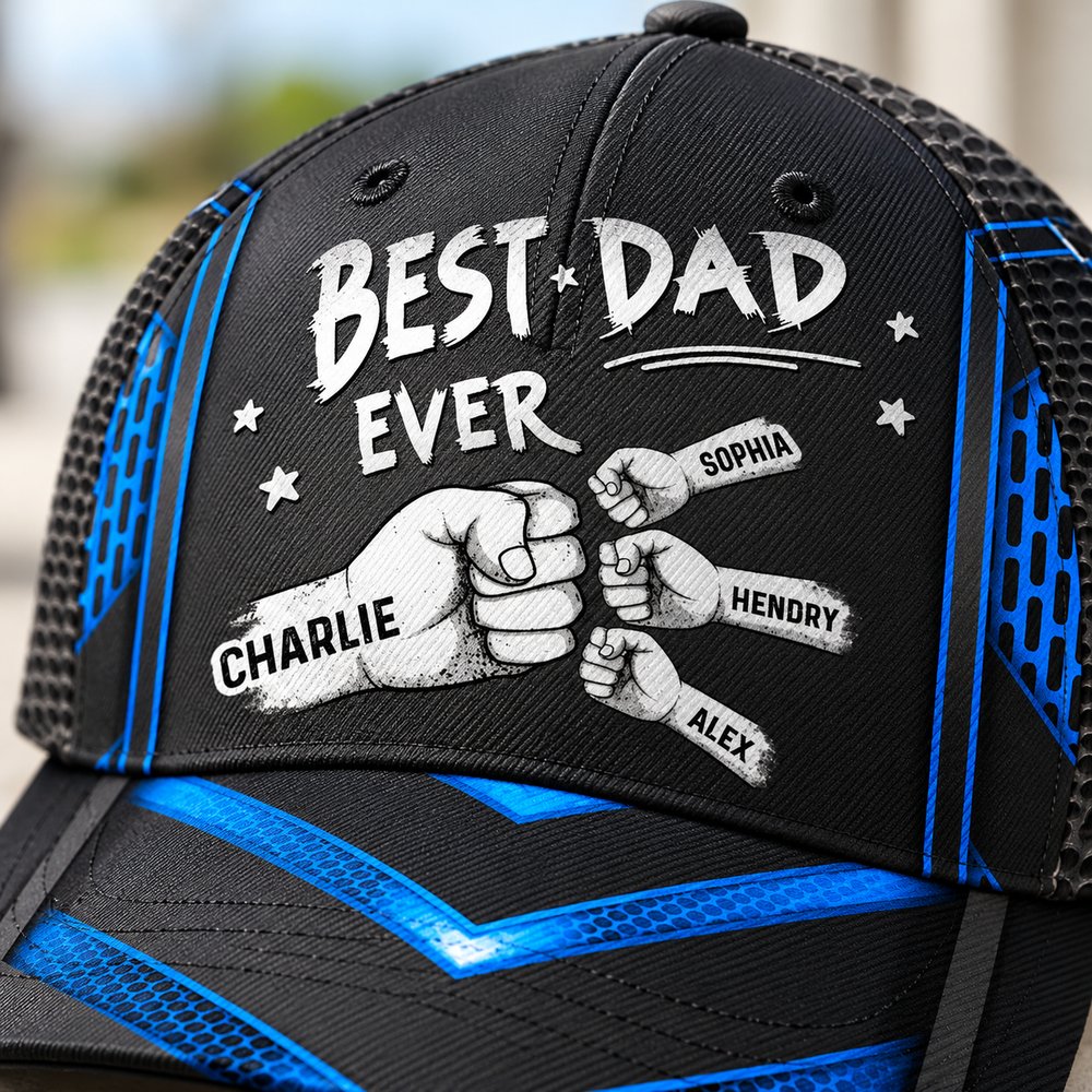 Close-up detail of Best Dad Ever cap polyester print texture and stitching