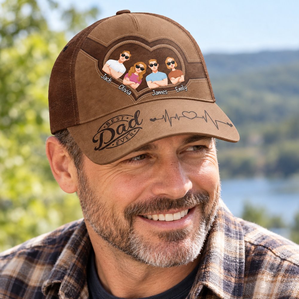 Dad wearing personalized Best Dad Ever classic cap with family cartoon print outdoors