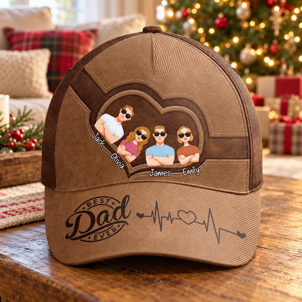 Best Dad Ever personalized classic cap on wooden table near holiday tree