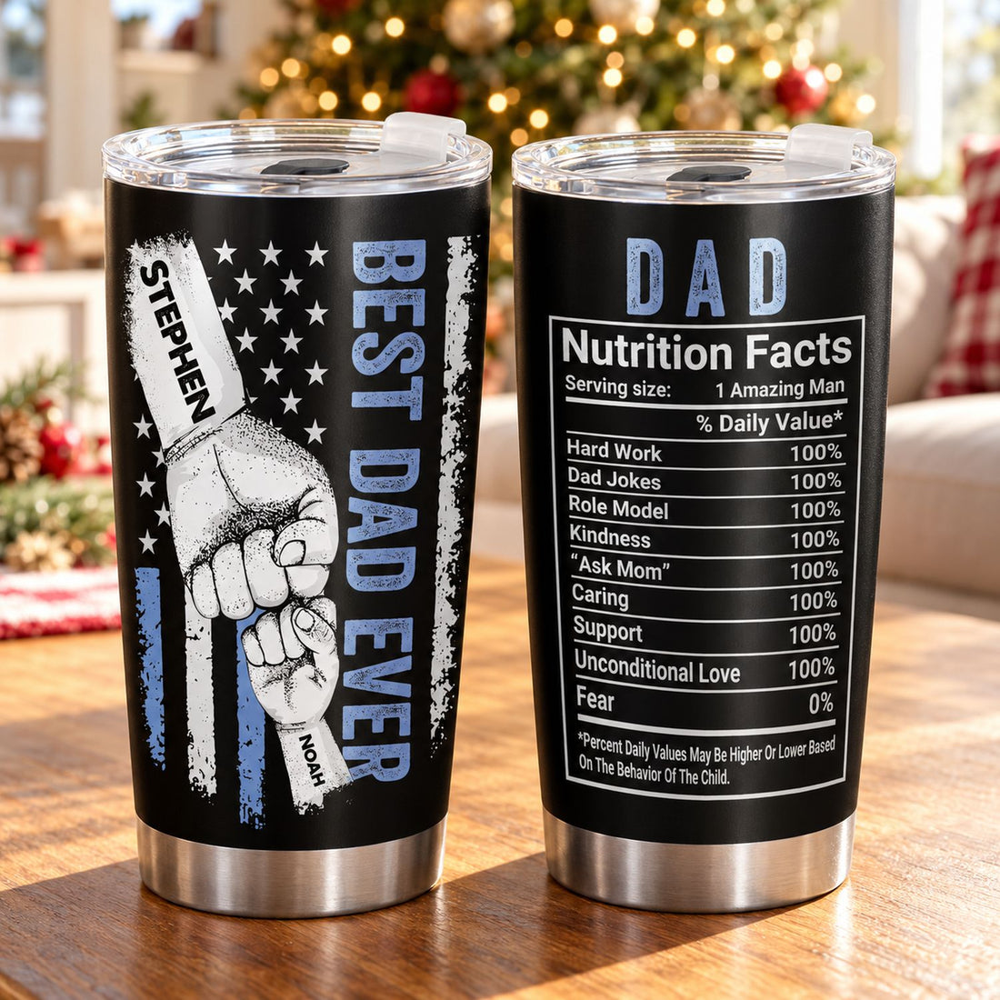 Personalized Best Dad Ever 20oz tumbler on a wooden table with holiday tree lights in background