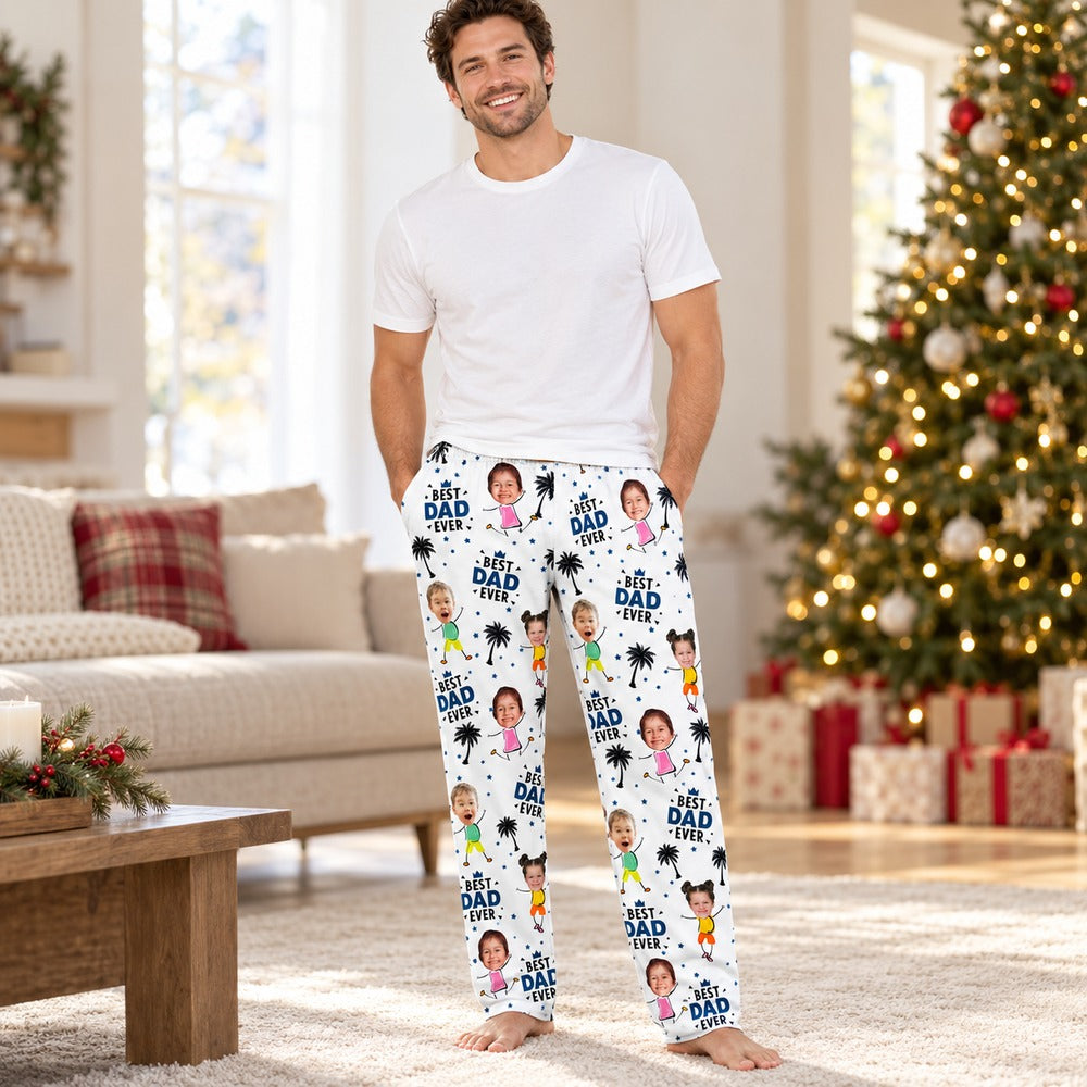 Dad standing by a Christmas tree wearing white Custom Photo Best Dad Ever personalized sweatpants