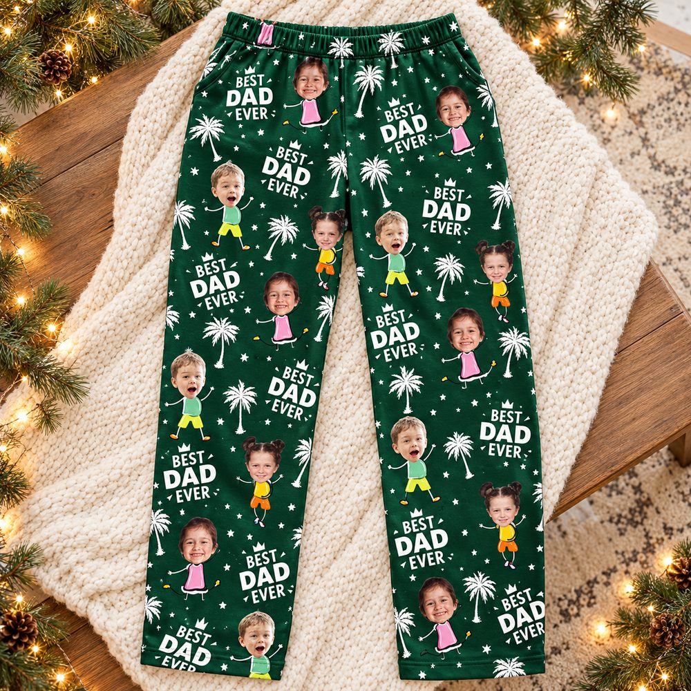 Green Custom Photo Best Dad Ever sweatpants laid flat with Christmas garland and lights