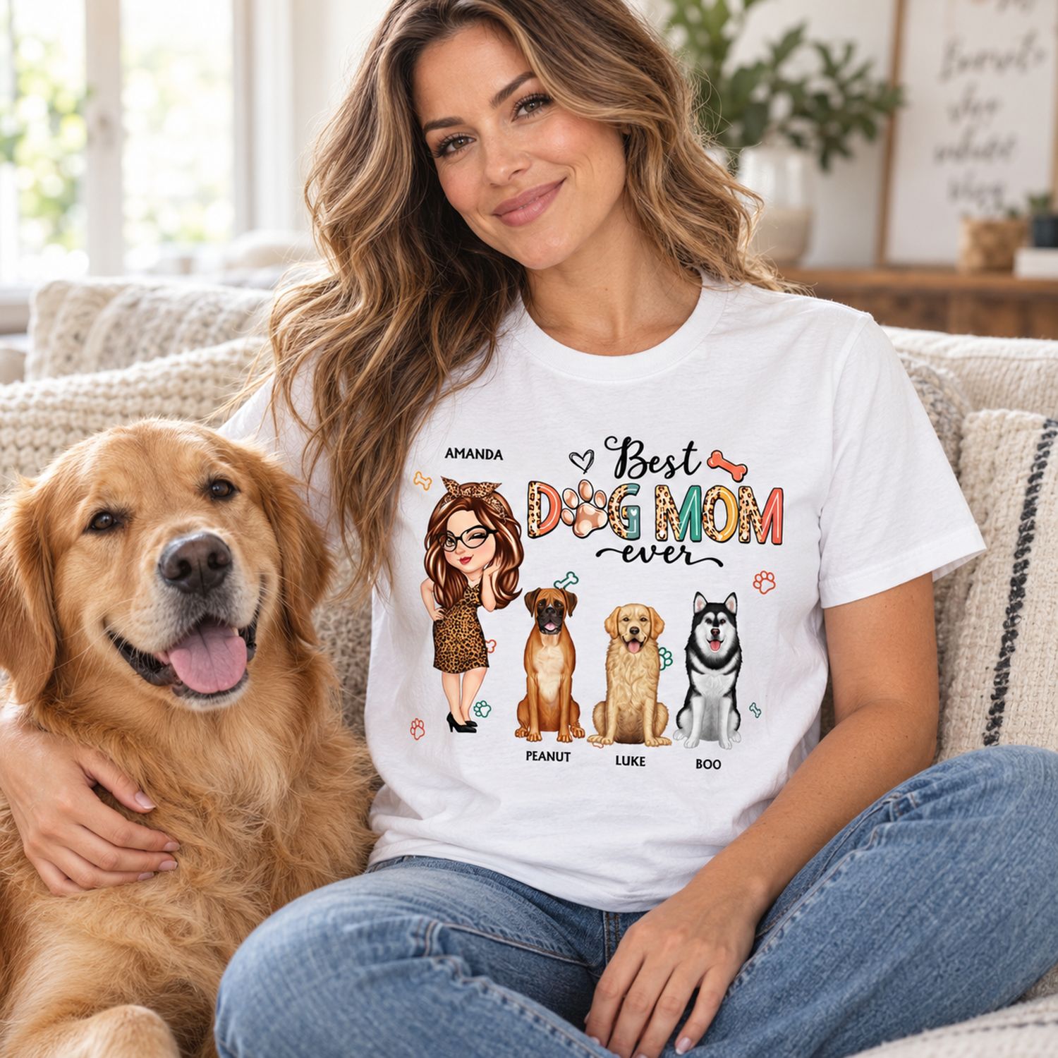 Woman wearing personalized Best Dog Mom Ever white t-shirt on sofa with her dog