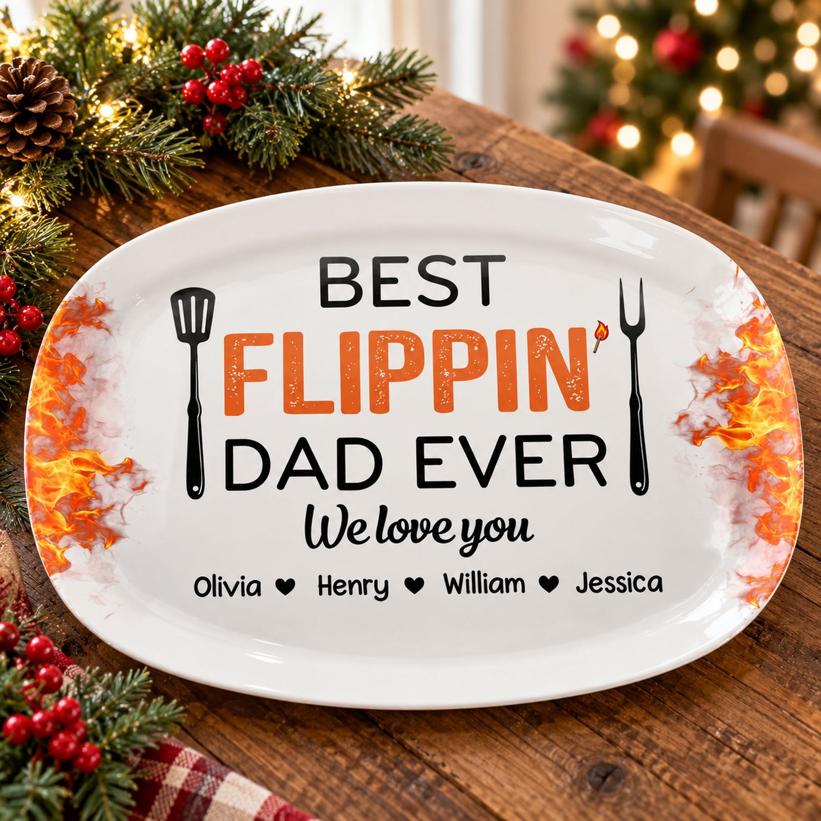 Best Flippin Dad Ever personalized grilling platter on a festive holiday table with pine garland