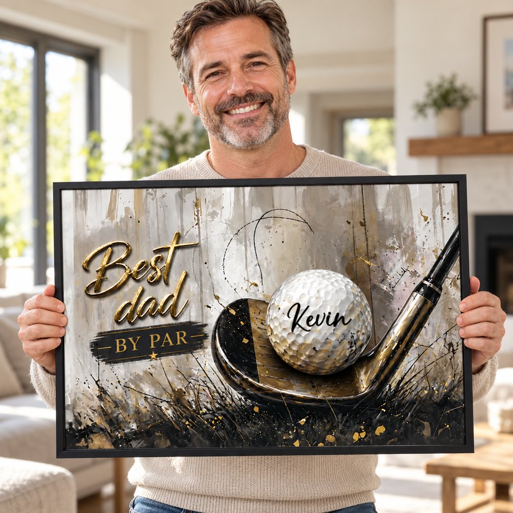 Happy dad holding personalized Best Dad By Par golf framed poster gift