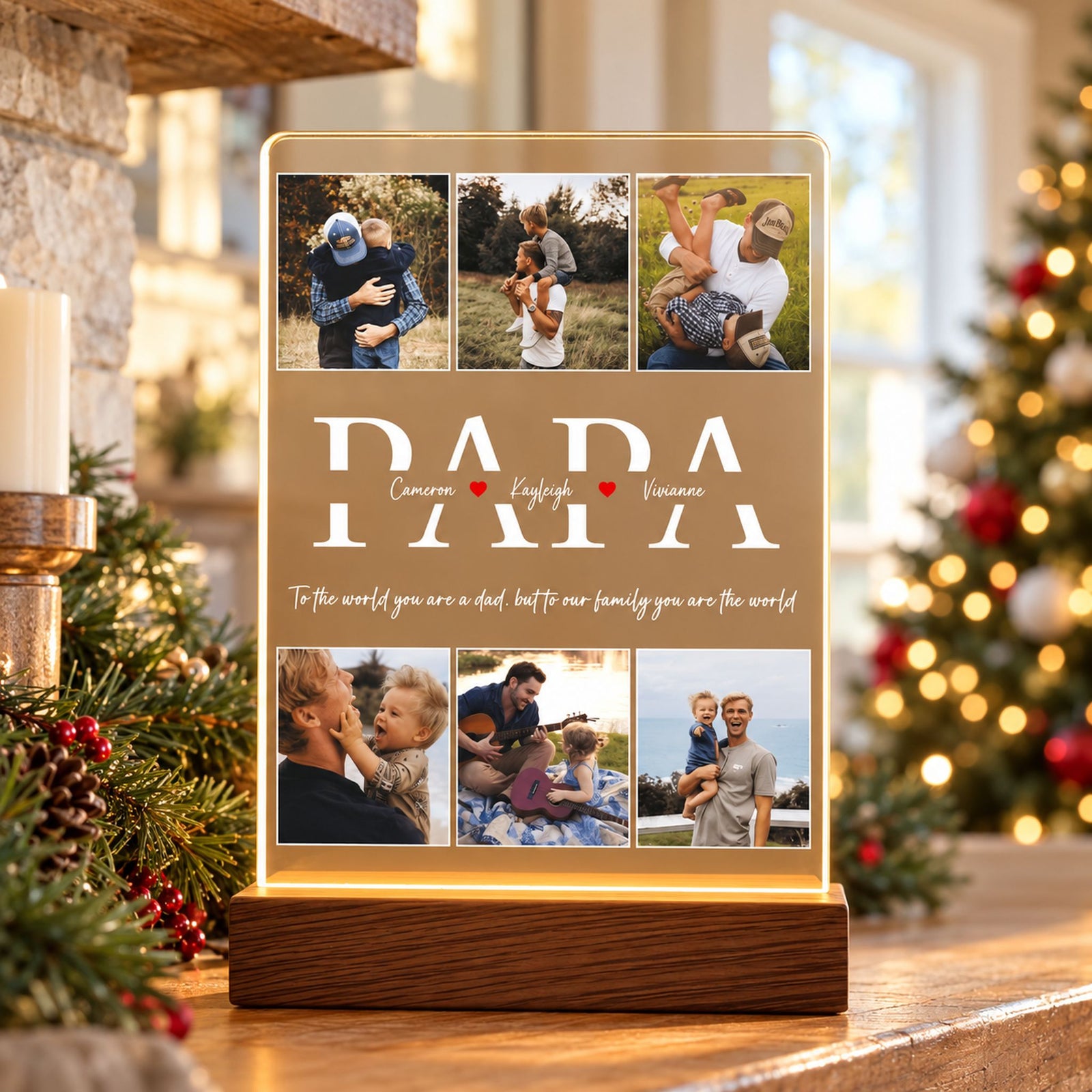 Custom photo Papa LED night light on a holiday mantel with a Christmas tree in the background